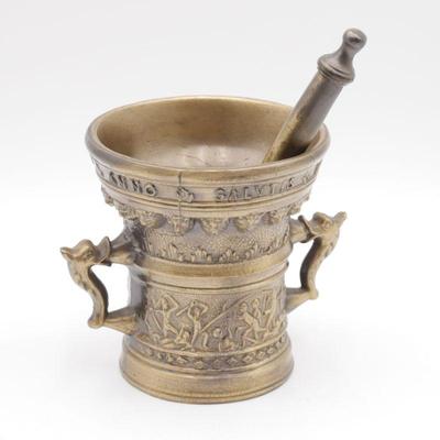Heavy Brass-Tone Cast Metal Mortar and Pestal