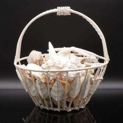 Large Painted Metal Decorative Basket Filled with Assorted Sea Shells