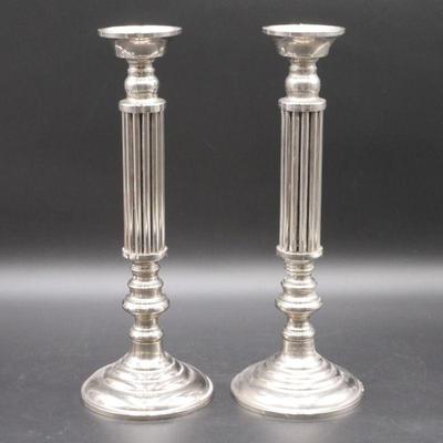 Pair of Tall Stainless Steel Pillar Candlesticks