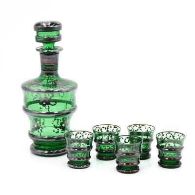 Emerald Green Glass w/Silver Overlay Decanter & 5 Glasses Set