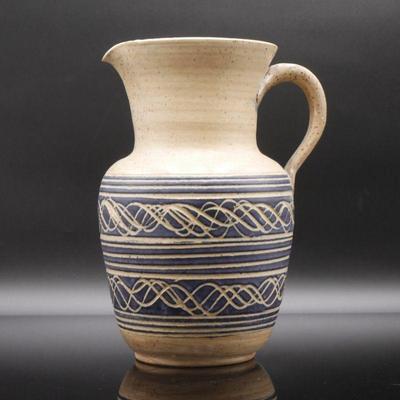 Large Handmade Earthenware Ewer with Blue Stripes and Swirling Carvings