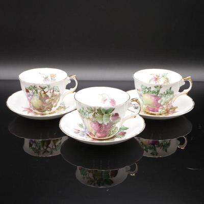 Vintage Regency Fruit Orchard Fine Bone China Teacups and Saucers (Set of 3)