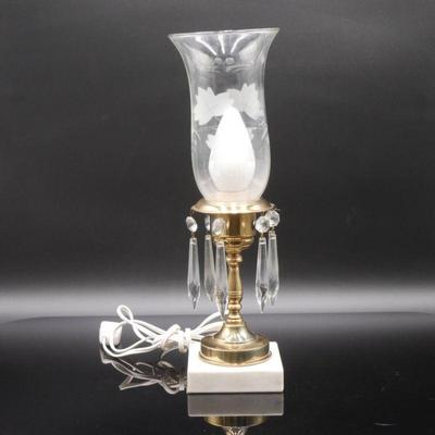 Vintage Brass Electric Hurricane Lamp with Glass Hanging Prims & Marble Base