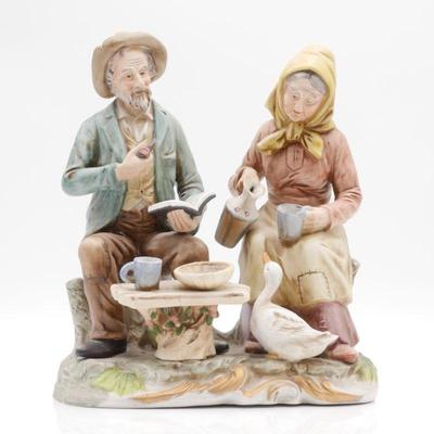 Large Vintage Bisque Ceramic Sculpture of an Older Couple with a Duck