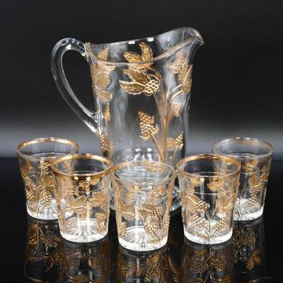 Embossed Gilded Glass Pitcher & 5 Cups Set