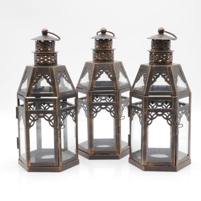 Set of 3 Oil-Stained Brass Hanging Candle Lanterns