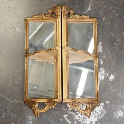Victorian Style Gilded 2-Tier Corner Shelves with Mirrors (Lot of 2)