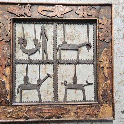 Sale Photo Thumbnail #492: #8208 • Wood Carved Panel "Windows" With Metal Animals and Figures
