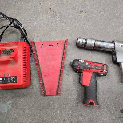 #2028 • Snap-On Tools Air Hammer, Power Screwdriver, Lithium Battery Charger, and Blue-Point Wrench Rack
