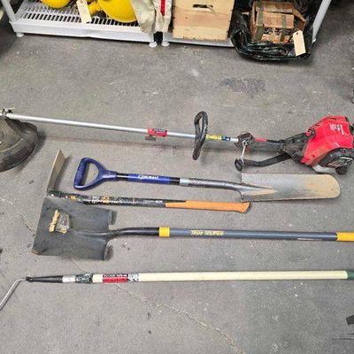 #2158 • Weed Whacker, (2) Shovels, Pick, and Extension Pole
