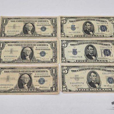 #1508 • (3) $1 Dollar Bank notes & (3) $5 Dollar Bank notes