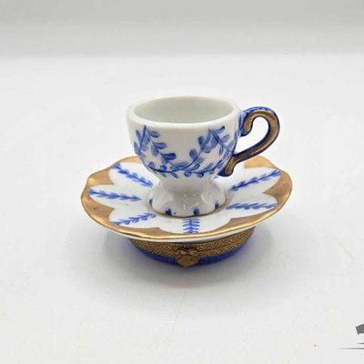 #1826 • Blue & White Teacup with Saucer Limoges Trinket Box
