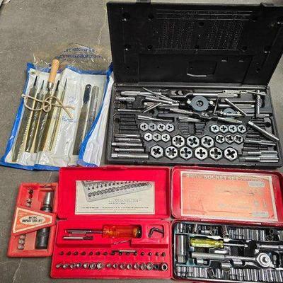 #2182 • Tap & Die Set, Socket Set, Metric Impact Tool, 12pc File Set, and Screwdriver & Socket Set