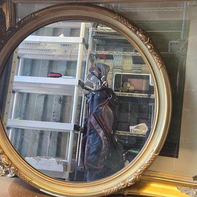 #3036 • Round Gold Mirror & (2) Gold Framed Pictures