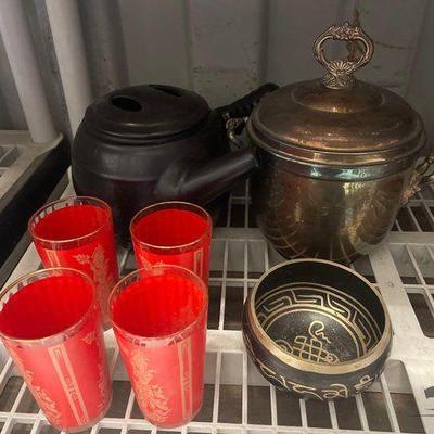 #8160 • Glass Cups, Bowl, Kettle & Jar