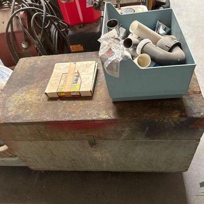#2546 • Box of Tubes, Faucet Accessories & Wooden Trunk