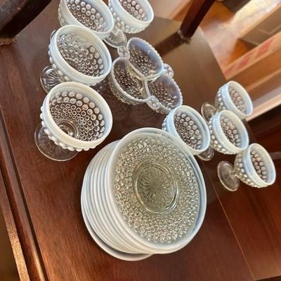 Opalescent hobnail dessert set