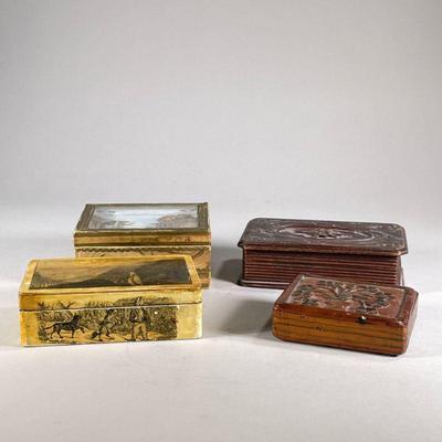 (4pc) DECORATIVE WOOD BOXES | Including; decorative shadow box, early Hudson valley box, a floral and ship carved wood box, and a floral...