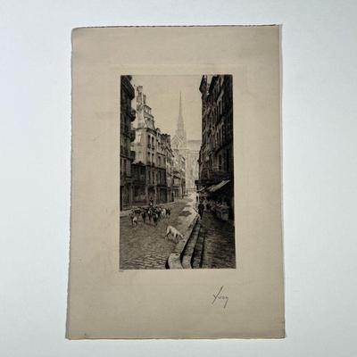 ADOLPHOE YVON (French, 1817-1893) | Street scene with goats. Etching. Pencil signed "Yvon" - h. 12.25 x w. 8 in (sheet)

