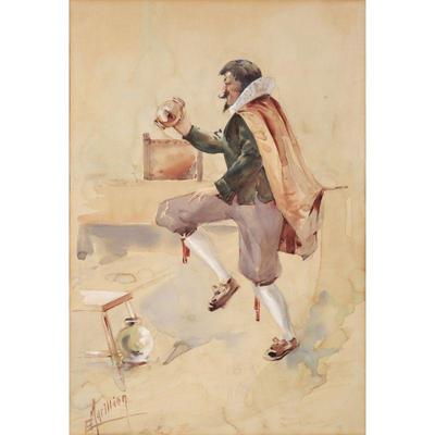 E. MARILLION MIXED MEDIA | Figure wearing a cape. 19 x 12.75 in., sight. Signed lower left. - h. 25.5 x w. 19.25 in (frame)

