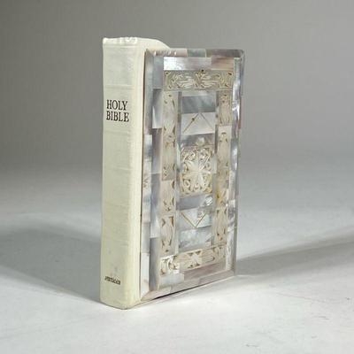 MOTHER OF PEARL BIBLE | King James Version, with gilt edges, bound in carved mother of pearl - h. 5.75 x w. 3.75 in

