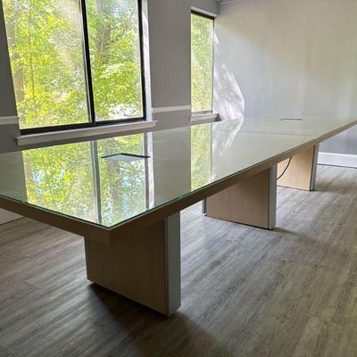 CONTEMPORARY CONFERENCE ROOM TABLE | Light color wood with aluminum accents, two electrified outlet panels, and conforming glass tops. -...