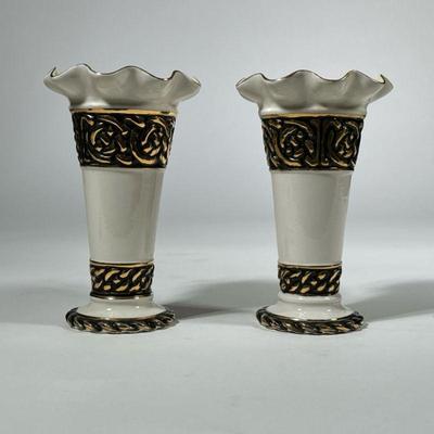 (2pc) Pair Belleek Vases | With black and gilt decoration and scalloped rim, marked on the bottoms. - h. 7.5 x dia. 4.75 in

