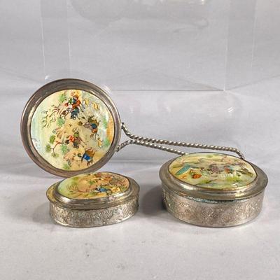 (3pc) MOTHER OF PEARL MIRROR & MAKEUP SET | Includes: small mirror and 2 small engraved metal boxes all with hand-painted mother of...
