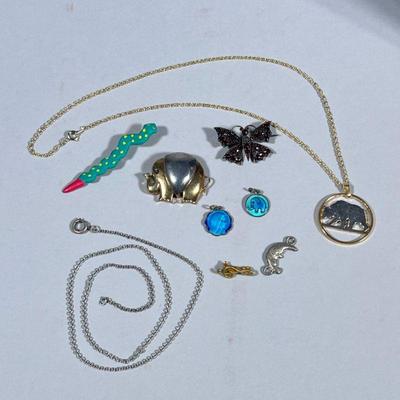 MIXED COSTUME JEWELRY | Including gold tone necklace with bear pendant, elephant pin, butterfly pin, and more! - l. 18 in (good tone...