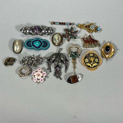 (16pc) Mixed Lot of Pins/Broches | Including a silver pin with amethyst cabochon stamped "MEXICO / SILVER", a signed beaded...