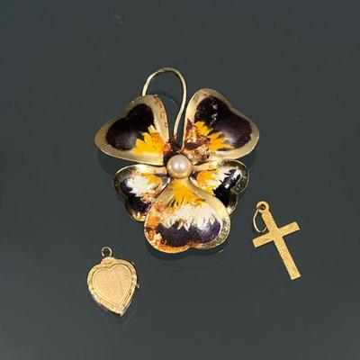 (3pc) 10k & OTHER GOLD JEWELRY | Including a small 10k yellow gold engraved cross pendant / charm (0.35g) and a 12k gold filled and...