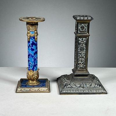 (2pc) Interesting Brass Candlesticks | Includes: a blue enameled and brass candlestick with floral motif in the base, and one intricately...