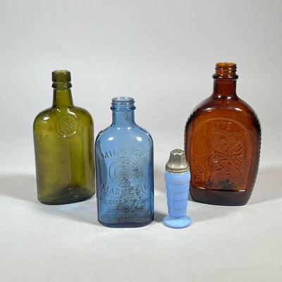 (4pc) ANTIQUE COLORED GLASS BOTTLES | Including: blue Milk of Magnesia bottle from The Chas. H. Phillips Chemical Co., a green glass...