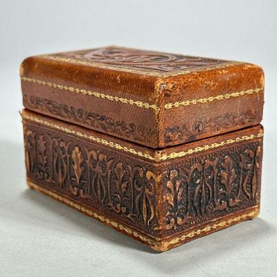 Tooled Leather Card Case | Tooled and gilt leather playing card case with scrolling acanthus and foliate patterns - h. 3 x w. 2.75 x l....