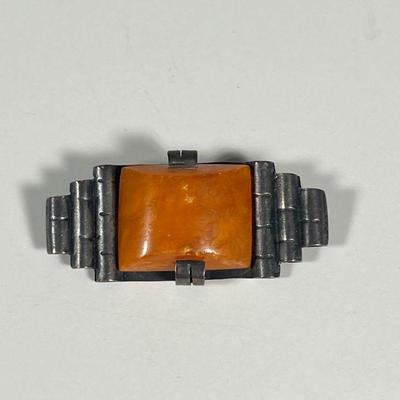 (1pc) Art Deco Amber Silver Pin | With maker's mark and other hallmark on verso. - w. 2 in

