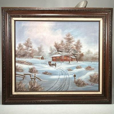 SIGNED WINTERSCAPE PAINTING | Winterscape with cabin. Oil on canvas. 20 x 24 in. Signed lower right, "Van Bell" - h. 27.5 x w....