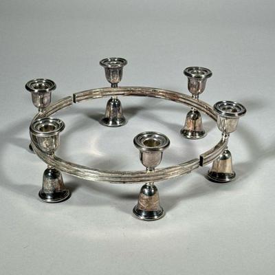 (2pc) PAIR SILVERPLATE CENTERPIECE CANDLEHOLDERS | Silver-plated, half-circle form candelabras each with three candleholders, meeting to...