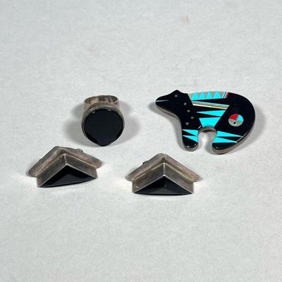 (4pc) MISC. STERLING JEWELRY | Including a turquoise and abalone bear-form pin, a pair of Mexican sterling earrings with triangular jet,...