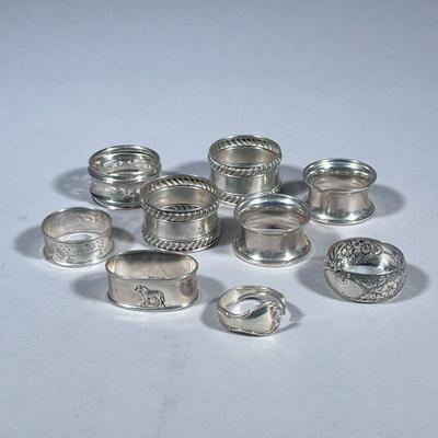(9pc) STERLING SILVER NAPKIN RINGS | Including: Gorham engraved Sterling napkin rings, farm animal engraved ring, and more! Total weight:...