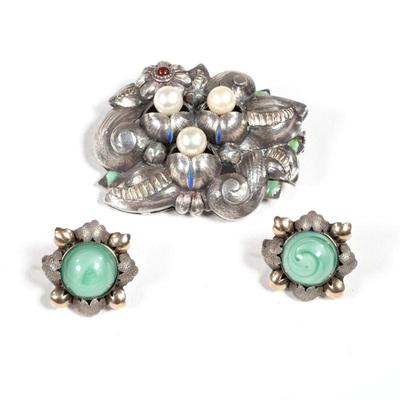 (3pc) JENSEN-STYLE STERLING JEWELRY | Including a signed pin with old enamel, a single red cabochon, and three pearls or faux pearls (2...