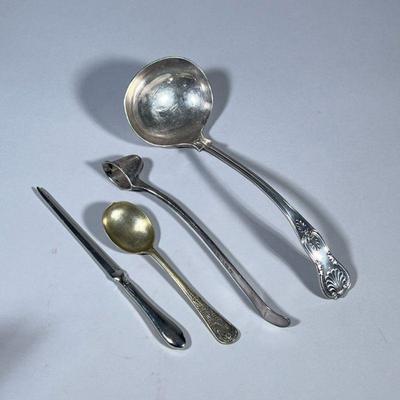(4pc) SILVER PLATE & MIXED METAL ITEMS | Including: large serving spoons marked “I. Free Mason Inc. / England”, silver plate candle...