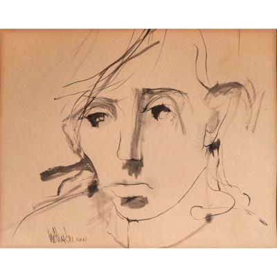 GINO HOLLANDER (1924-2015) | Stylized portrait Ink on paper. Signed and dated 1.24.63 lower left. 12 x 9.5 in. (sight) - h. 15.5 x w. 18...