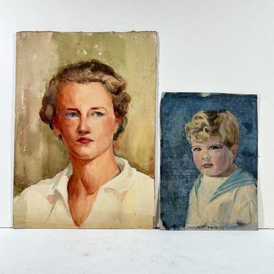 (2pc) 20th Century Portraits | Circa early to mid 20th century, including a watercolor on paper portrait of a woman, mounted on board,...