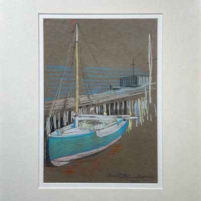 Gerrit Albertus Beneker (1882-1934) | "Sloop by the Pier". Pastel on paper. 9.5in x 6.5in. Showing small colorful sailboat tied...