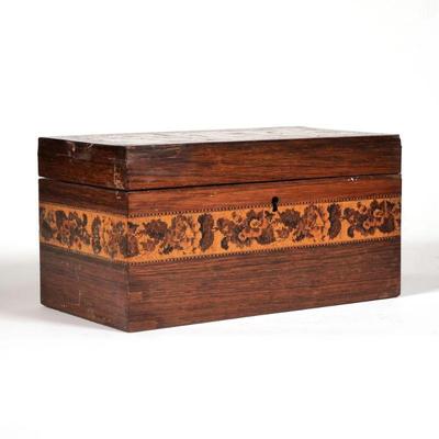 MICROMOSAIC MARQUETRY TEA CADDY | Marquetry inlaid top with a micromosaic border, and with a band of micromosaic inlay flowers around the...