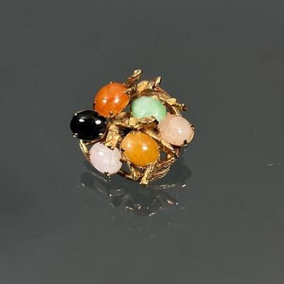 14k & GEMSTONE PIN | Designed as multicolor stone cabochons set in (tested to) 14k yellow gold; 8.61g.

