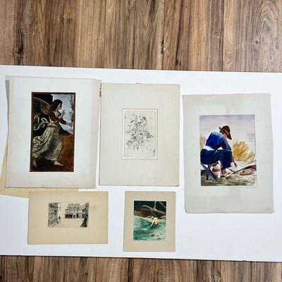 (5pc) MISC. PAINTINGS & ETCHINGS | Including a hand-painted photograph reproduction of The Annunciating Angel Gabriel by Melozzo da...
