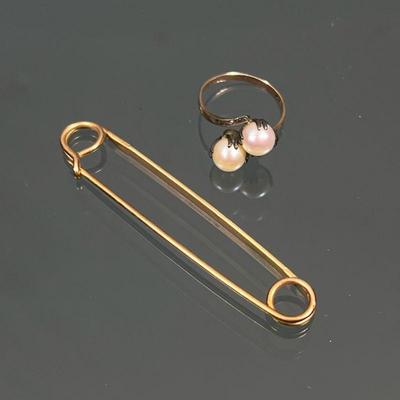 (2pc) 10k & OTHER GOLD JEWELRY | Including a 10k gold ring with two pearls, marked inside the band K10 and tested (2.38g); plus a...