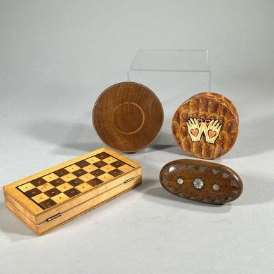 (4pc) GAME & DECORATIVE BOXES | Including; folding chess set with piece storage, round carved ball game, carved box with mother of...