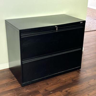 Alera File Cabinet | Black locking filing cabinet with two drawers. - h. 28.5 x w. 19.5 x l. 36 in


